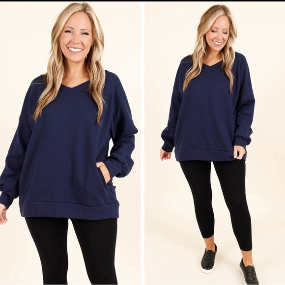 Chic Soul Tops - Navy Blue V-Neck Sweatshirt